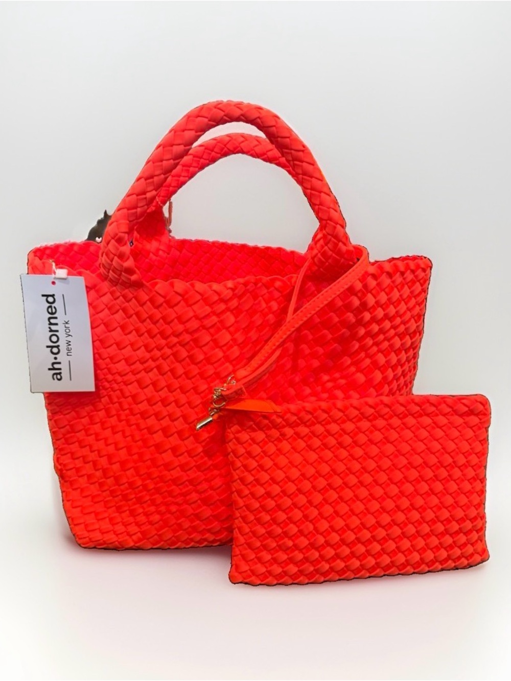 NEW ah•dorned NY Lily Woven Neoprene Tote with Pouch bring bright neon orange
